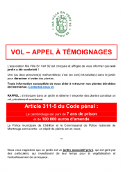 Affiche vol au Jardin partagé Félicie Hervieu - appel a temoignages - Association Ma Ville En Vert 92 - MVEV92