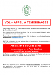 Affiche vol au Jardin partagé Félicie Hervieu - appel a temoignages - Association Ma Ville En Vert 92 - MVEV92 Affiche vol au Jardin partagé Félicie Hervieu - appel a temoignages - Association Ma Ville En Vert 92 - MVEV92